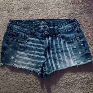 American Eagle, denim shorts with bleached American flag detail, size 8